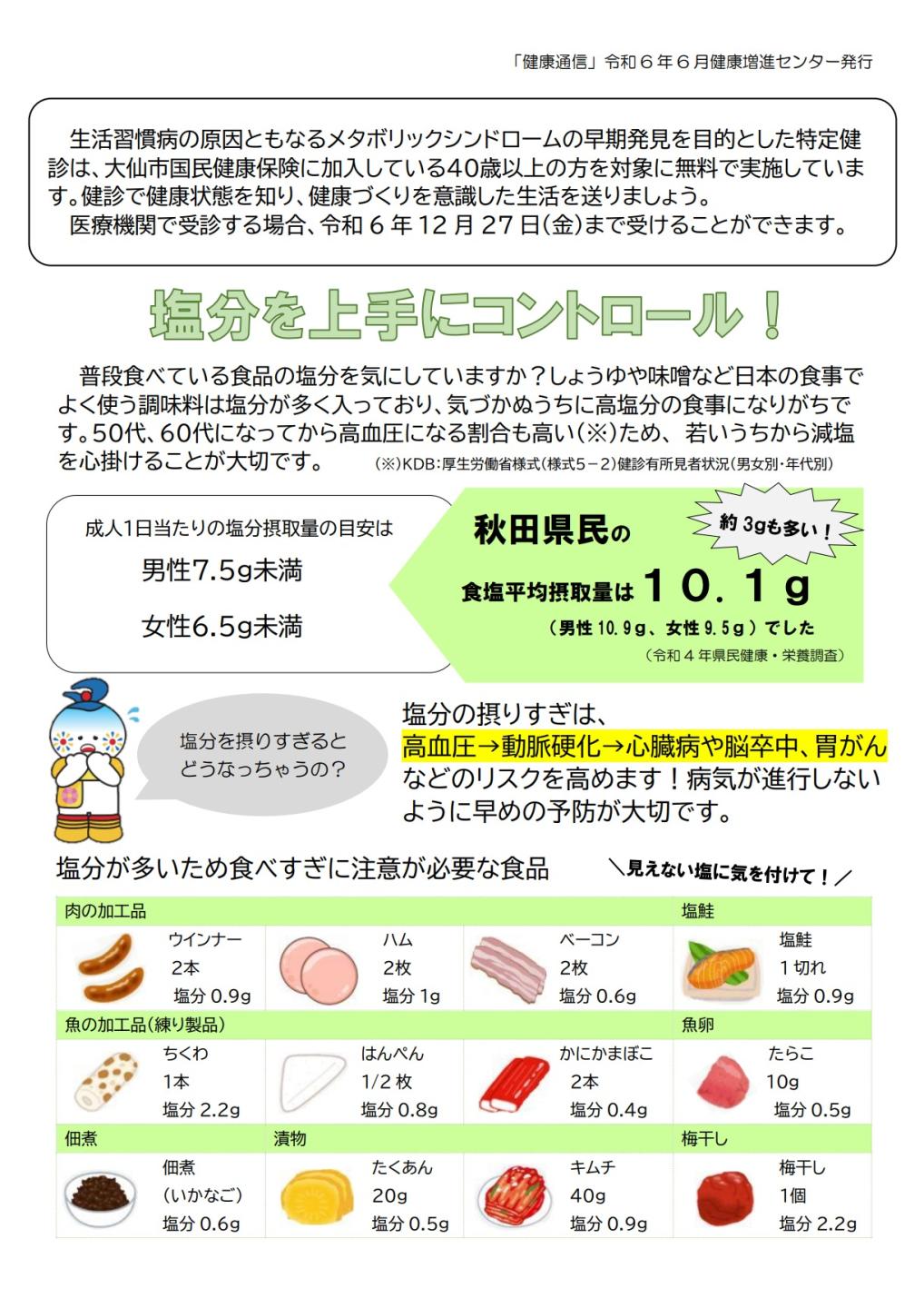 令和6年6月発行の健康通信（塩分の多い加工食品や魚卵、漬物などの食品を次に記載します）