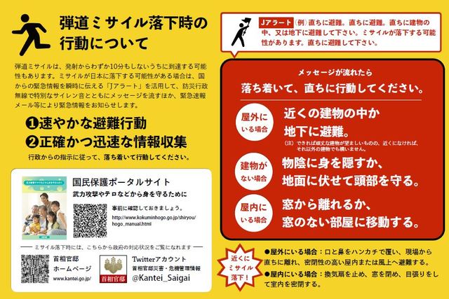 「弾道ミサイル落下時の行動について」のリーフレット