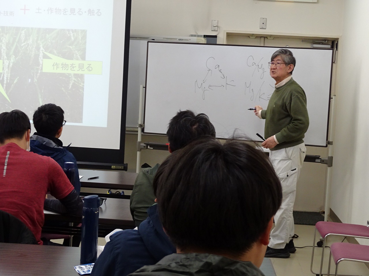 白板を使用して土壌の説明をする金田名誉教授