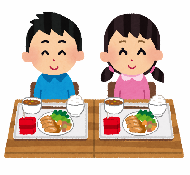 給食のイメージイラスト、男女の子どもが給食を目の前に笑顔