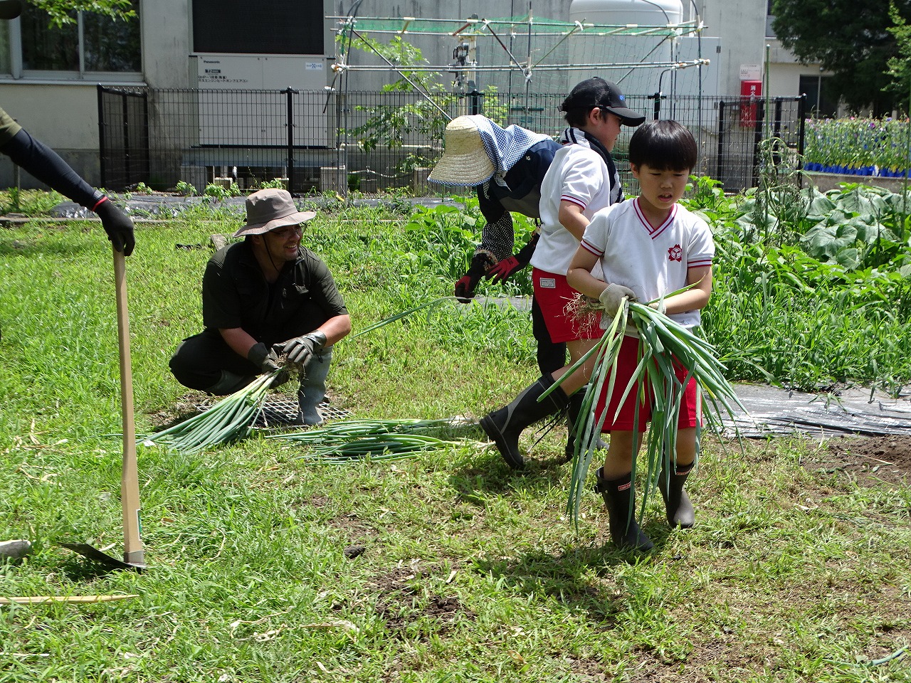 児童にねぎを渡す研修生