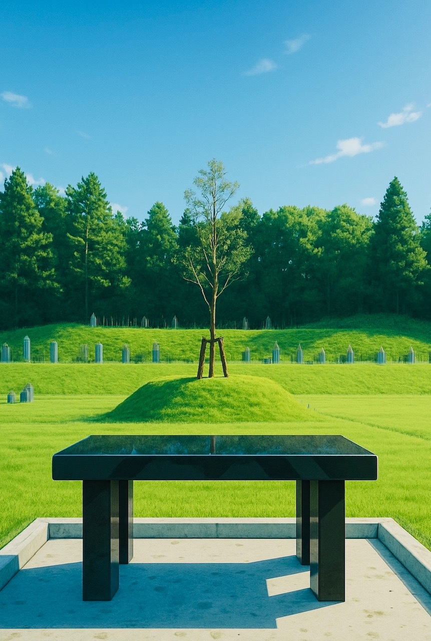 合葬墓イメージ写真、緑の木々と芝生に囲まれた合葬墓