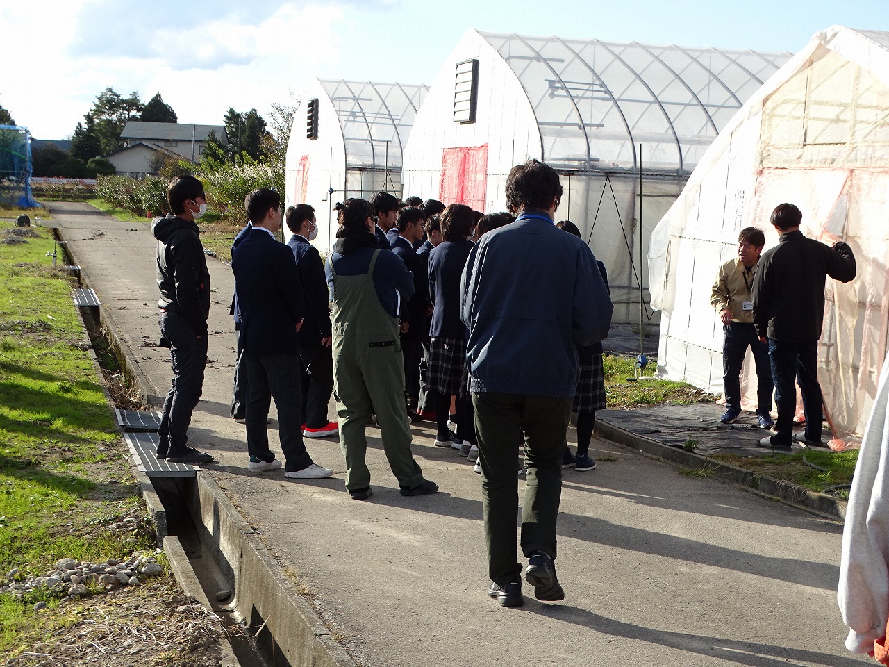 ほ場を見学する高校生