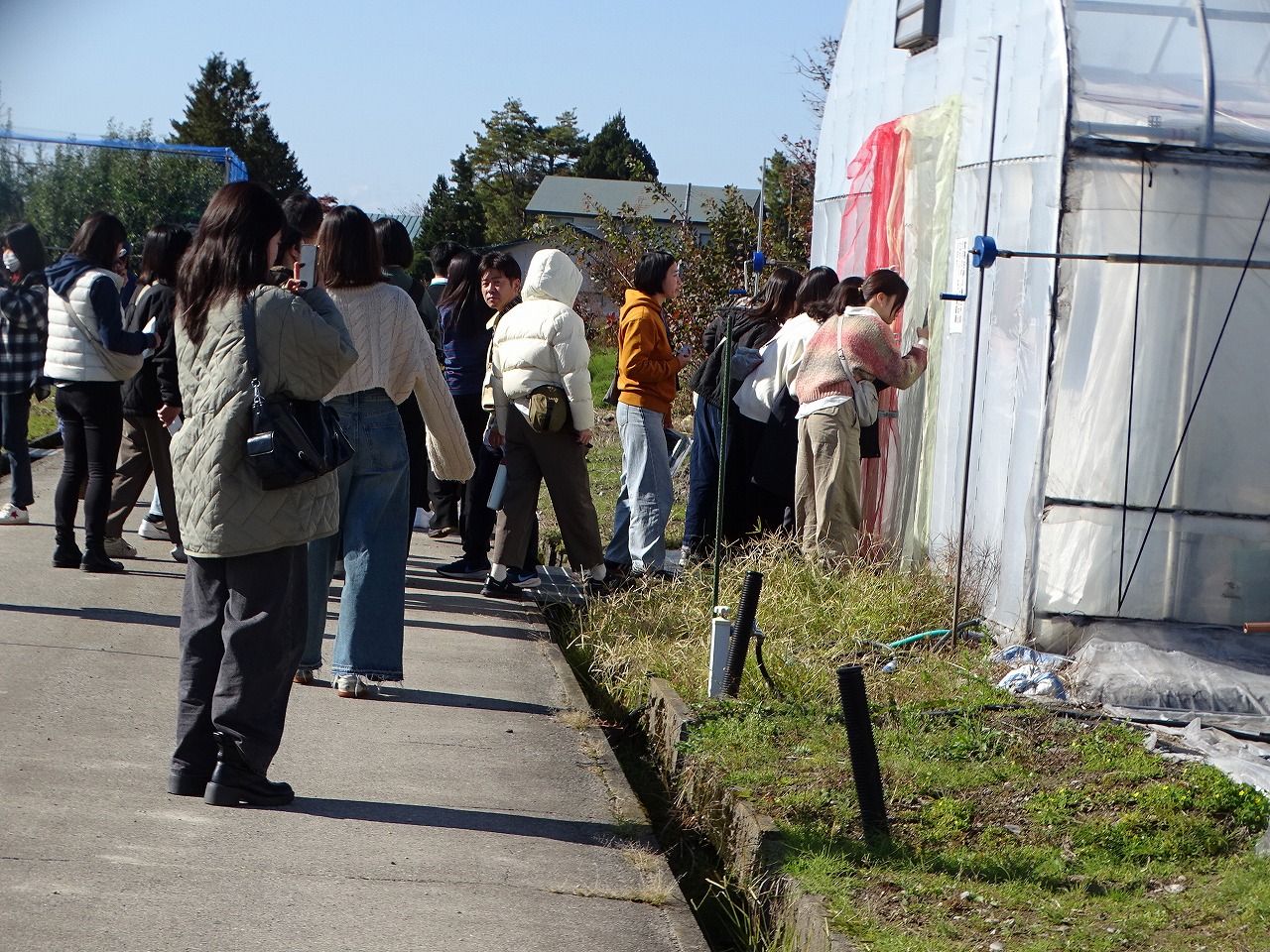 ハウスを視察する学生たち