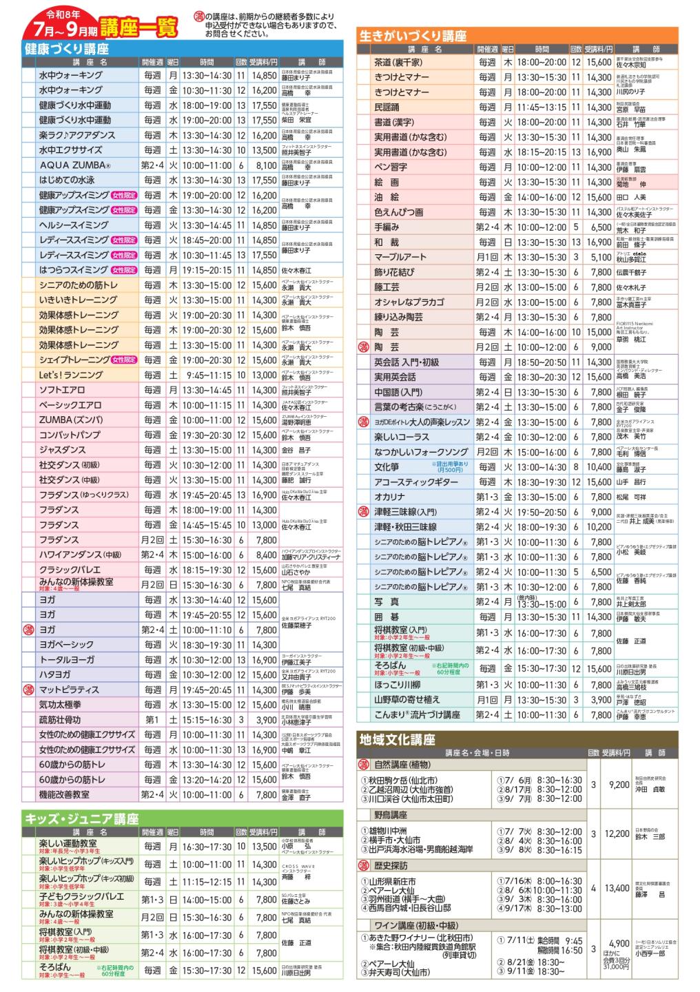 令和8年7月～9月期の各講座が掲載されたチラシの裏面、詳細はペアーレ大仙にお問い合わせください、電話0187-63-8600