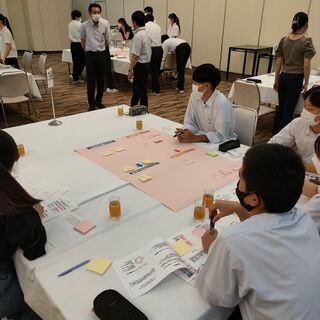グループに分かれてグループワークをしている生徒たち、机のうえに模造紙を広げて話し合いの内容をまとめている