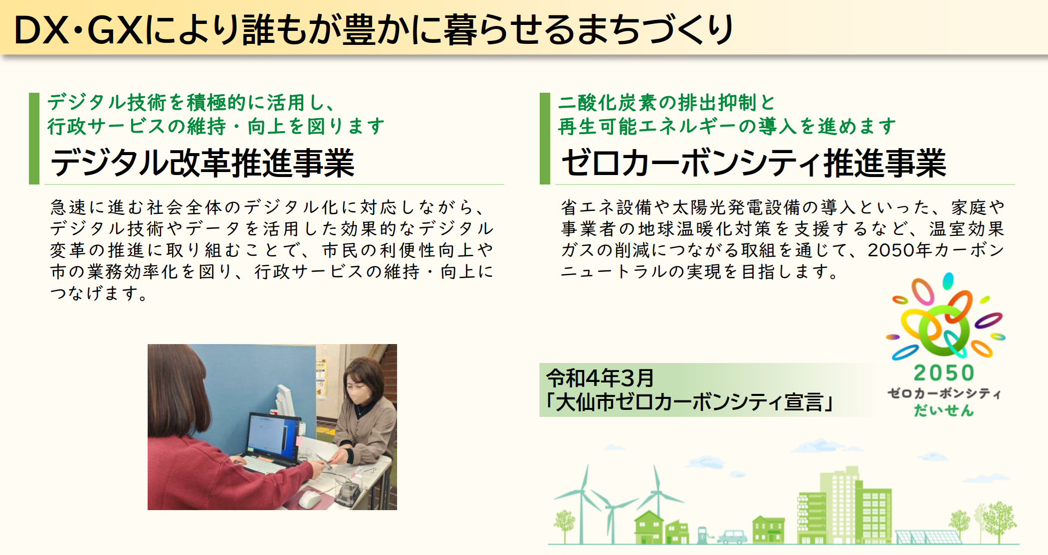 DX・GXにより誰もが豊かに暮らせるまちづくり、デジタル改革推進事業、ゼロカーボンシティ推進事業