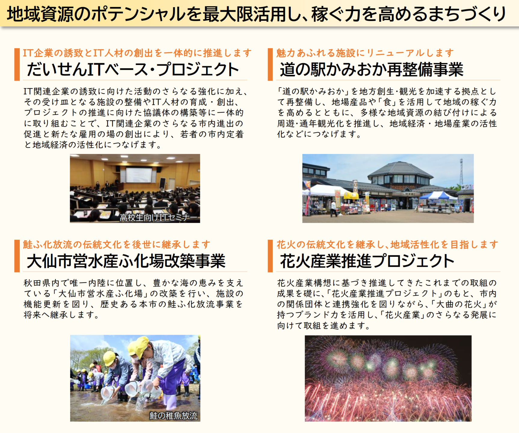 地域資源のポテンシャルを最大限活用し、稼ぐ力を高めるまちづくり、だいせんITベース・プロジェクト、道の駅かみおか再整備事業、大仙市営水産ふ化場改築事業、花火産業推進プロジェクト