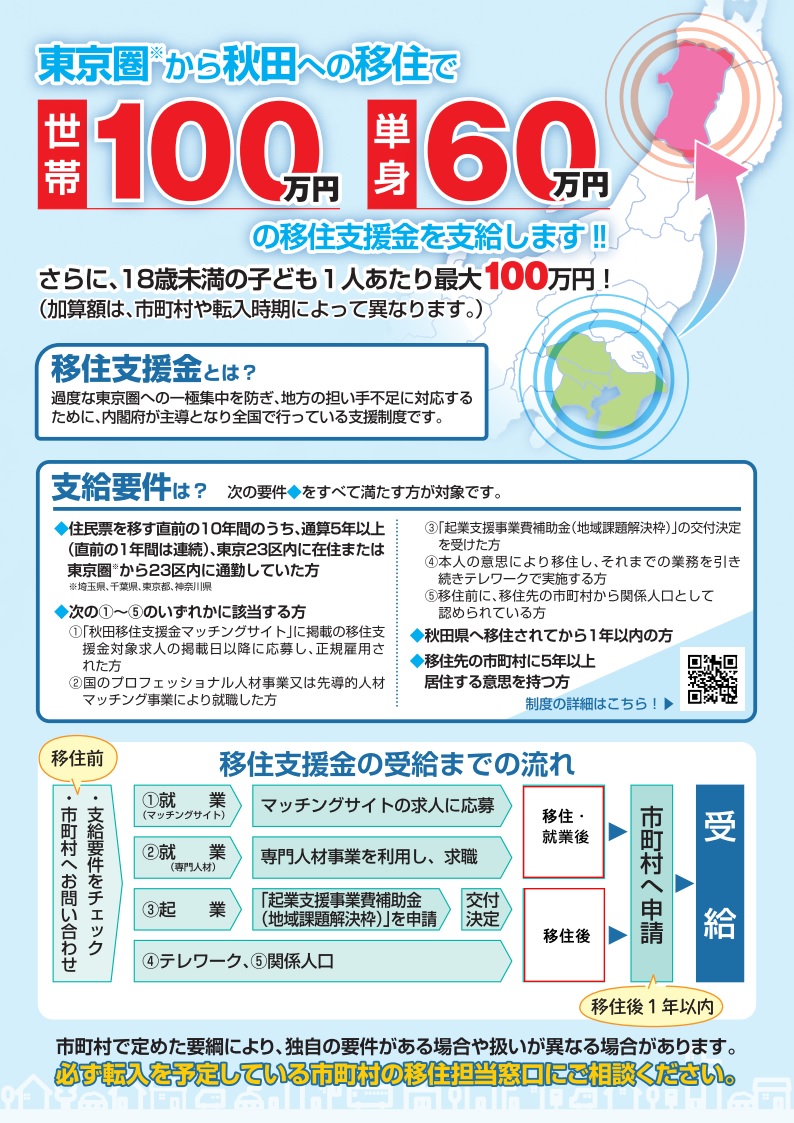 東京圏※から秋田への移住で世帯100万円、単身60万円の移住支援金を支給します!!