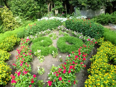 黄色と赤の花に囲まれた緑色の20の文字が見える