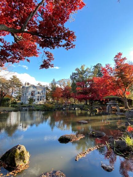 葉が鮮やかに色づいた木々に包まれる庭園