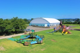 複合遊具とインクルーシブ遊具、背景には獄ドーム