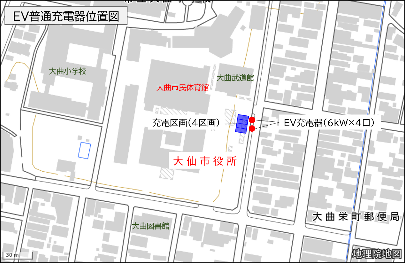 位置図(大仙市役所大曲庁舎・大曲体育館前の設置箇所6kW×4口)