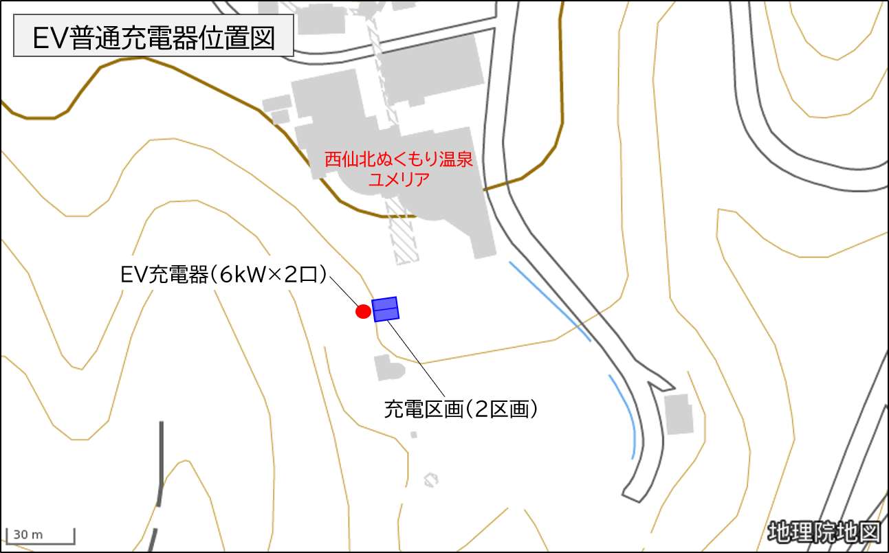位置図(西仙北ぬく森温泉ユメリア駐車場の設置箇所6kW×2口)