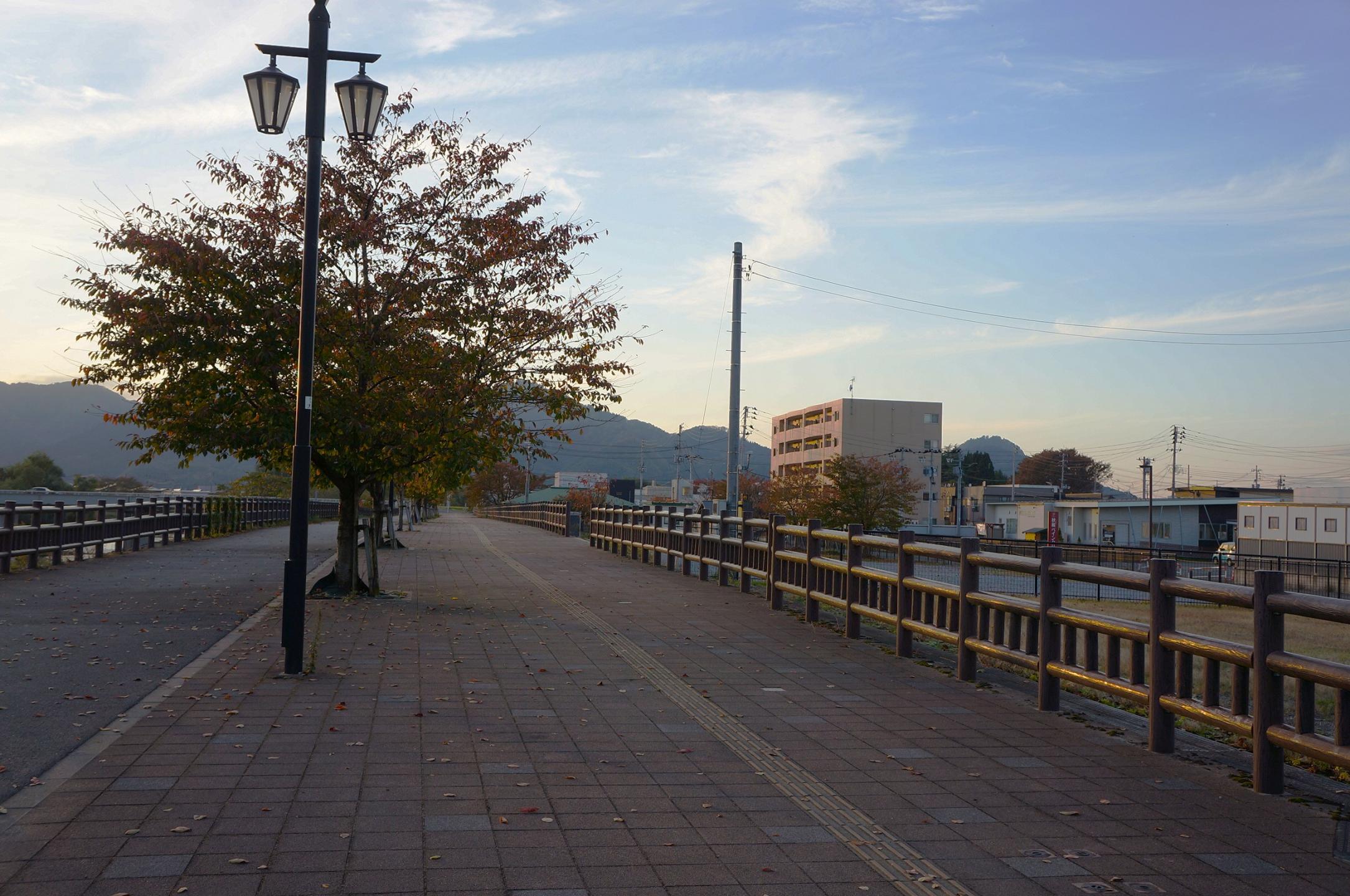 丸子のこみち（夕日に浮かぶ街路樹と大曲の街並み）
