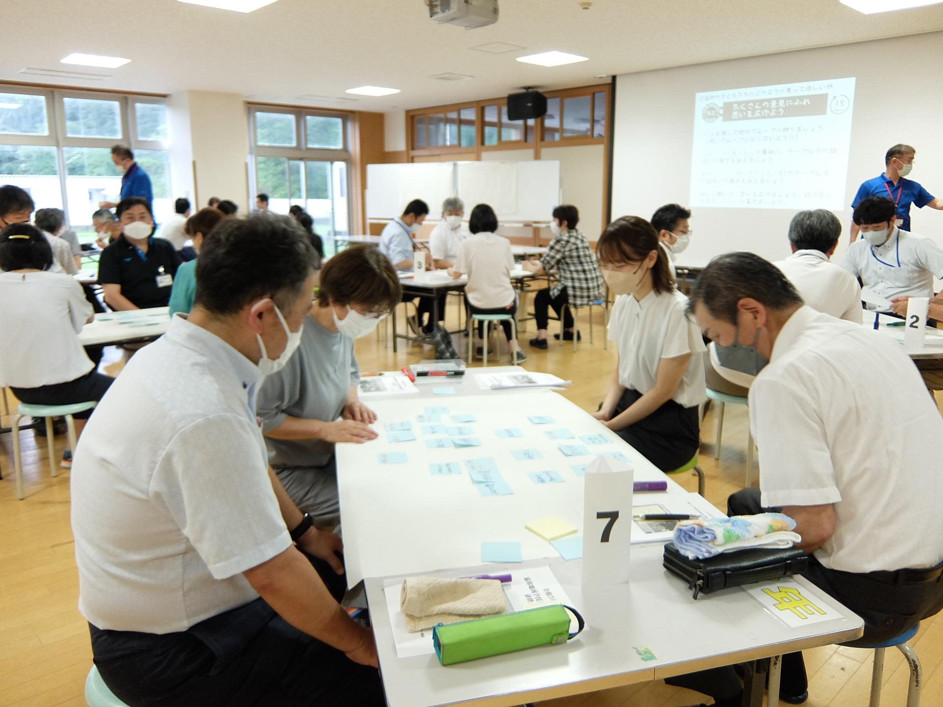 塾議の様子、グループに分かれて討議している