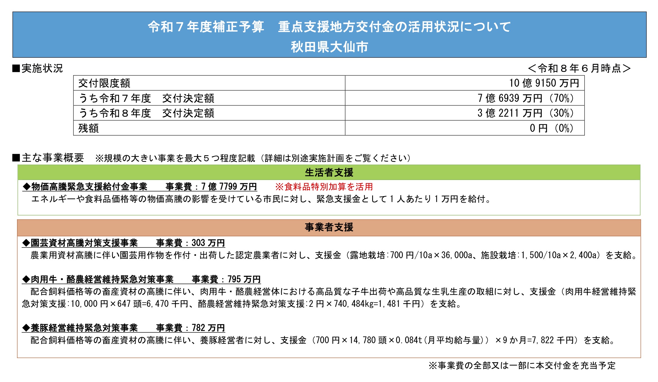 交付金の主な活用状況、続けて詳細を説明します