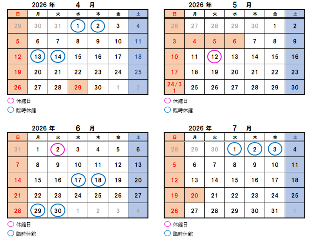 4月から7月までの休館日のカレンダーです。それぞれ休みに丸がついています。続けて詳細を説明します