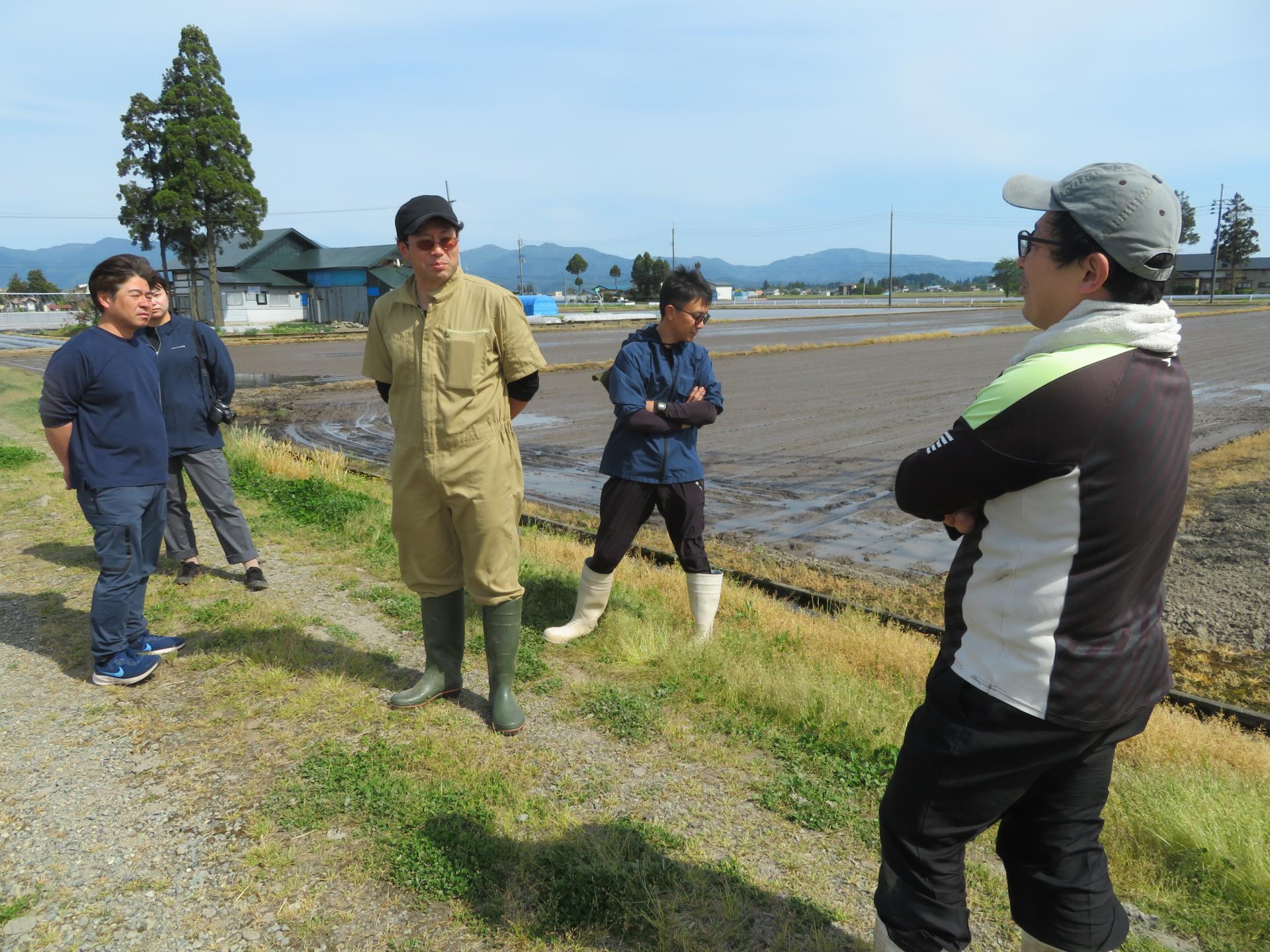 アスパラガスを露地栽培している研修修了生の先輩から、管理方法について説明を受ける研修生たち
