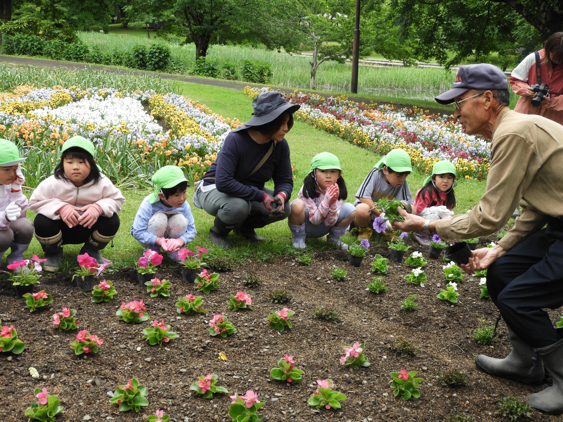 園児達が花壇にかがんで先生の話を聞いている