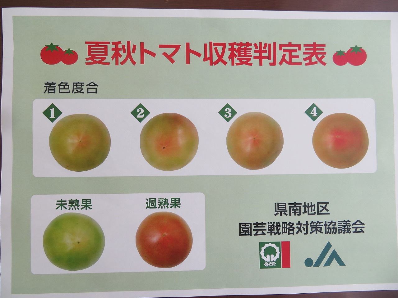 夏秋トマト収穫判定表、段階的に緑から赤色に変わるトマト