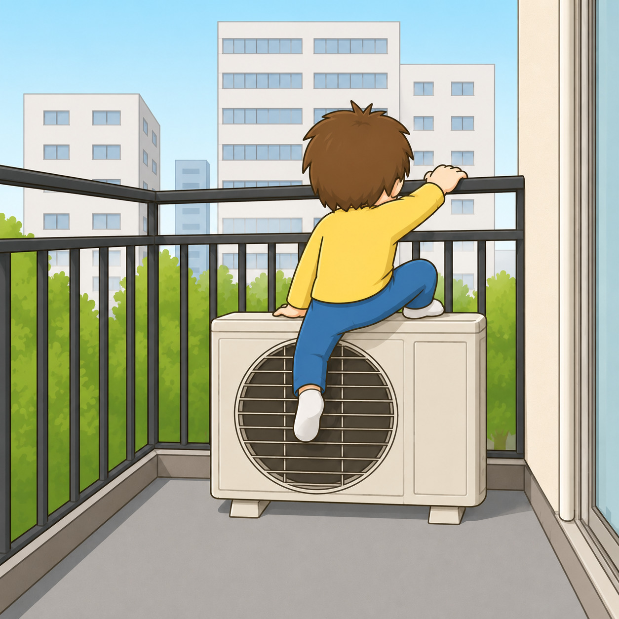 イメージイラスト、子どもがベランダで設置されている室外機にのぼり手すりから身を乗り出している様子