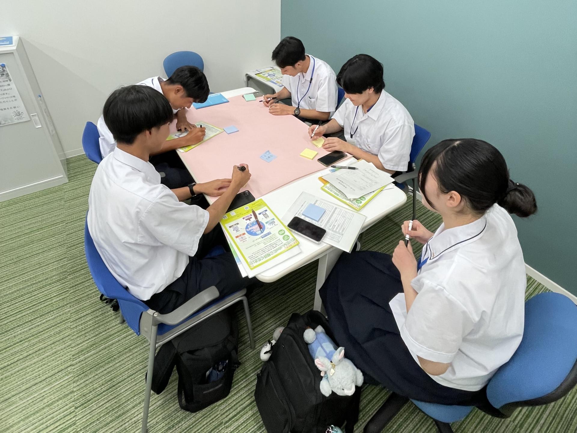実習の様子、生徒たち数名が打合せ