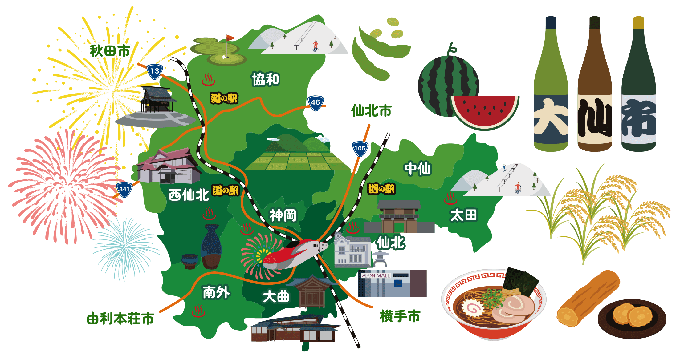 大仙市シティマップ、大仙市内には国道13号、46号、105号、341号線が通っており、南北に秋田新幹線が通っております。また、施設では温泉やスキー場、飲食店、大型のショッピング施設、文化遺産、神社仏閣などがあります。