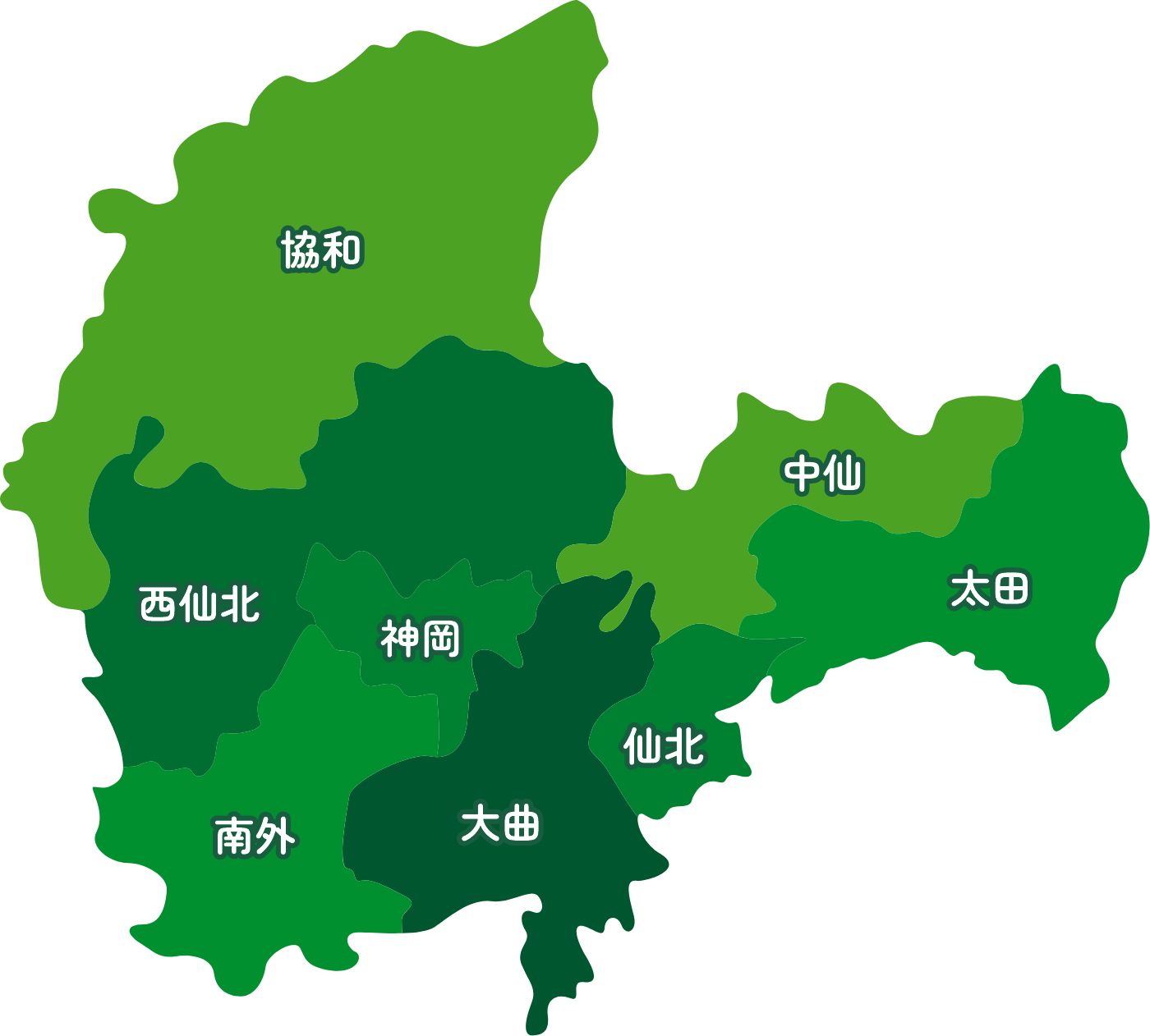 大仙市の地域のマップ、協和、中仙、西仙北、神岡、中仙、太田、仙北、大曲、南外